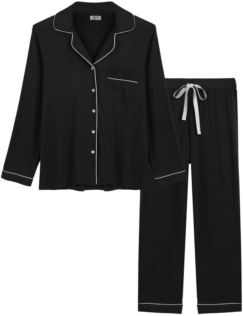 Joyaria Womens Summer Bamboo Viscose Button Down/Up Pajama/Pj/Sleep Sets Sleepwear(Black, Large) - Image 1